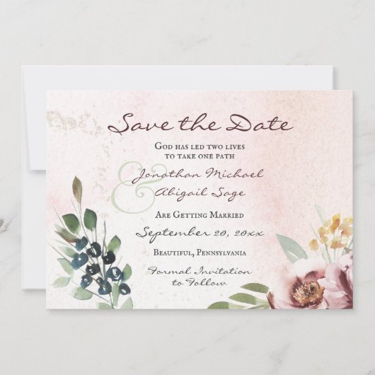 Elegant Mauve Blush Pink Floral Christelijk Wedden Save The Date (Voorkant)