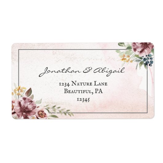 Elegant Mauve Blush Pink Floral Waterverf Wedding Etiket (Voorkant)