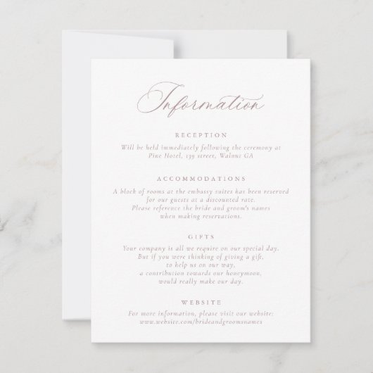 Elegant Mauve Blush Script Weddeninformatie Kaart (Voorkant)