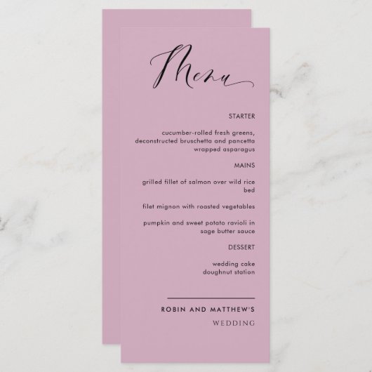 Elegant Mauve, Calligrafie Wedding/Ontvangst Menu (Voorkant / Achterkant)