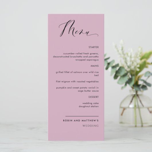 Elegant Mauve, Calligrafie Wedding/Ontvangst Menu (Staand voorkant)