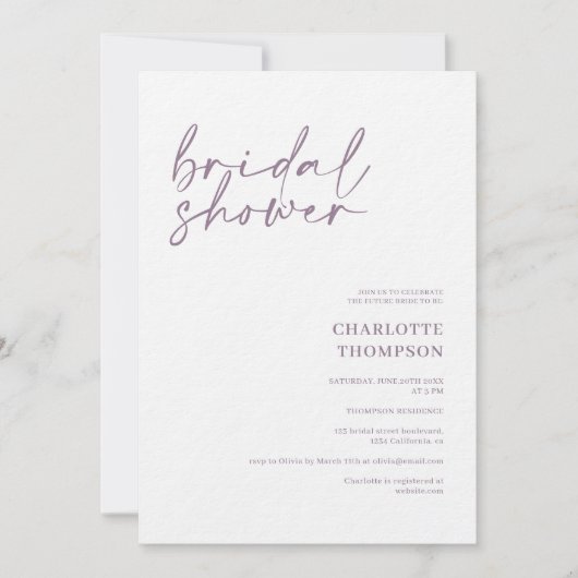 Elegant mauve casual script vrijgezellenfeest kaart (Voorkant)