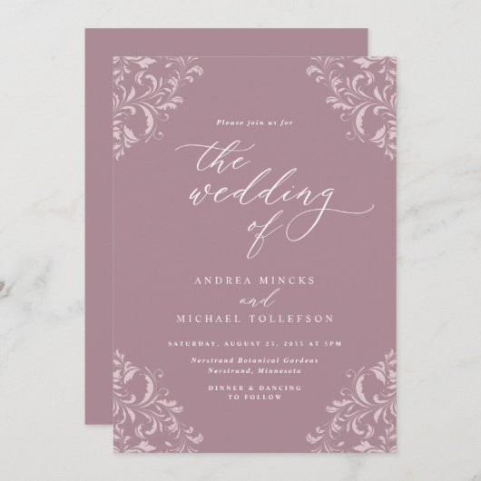 Elegant  Mauve Dusty Roos Wedding Kaart (Voorkant / Achterkant)