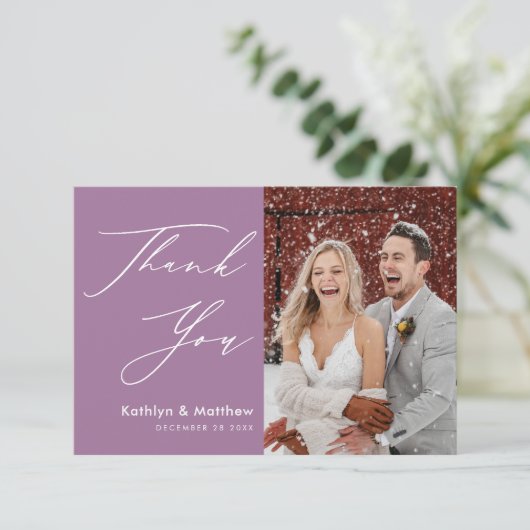 Elegant Mauve Elegant Script Modern Photo Wedding Bedankkaart (Staand voorkant)