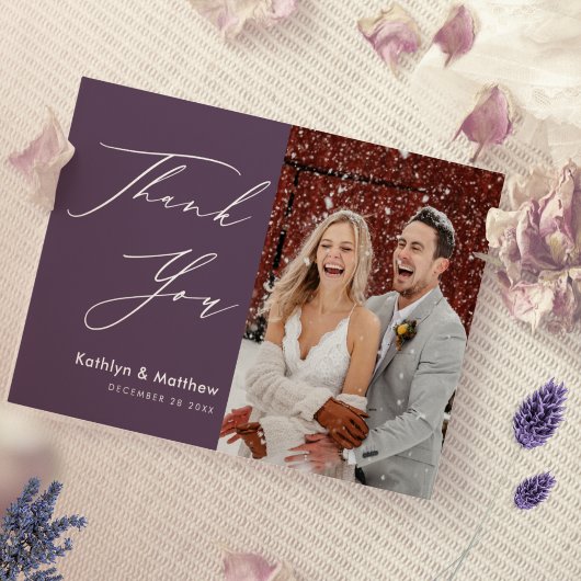 Elegant Mauve Elegant Script Modern Photo Wedding Bedankkaart