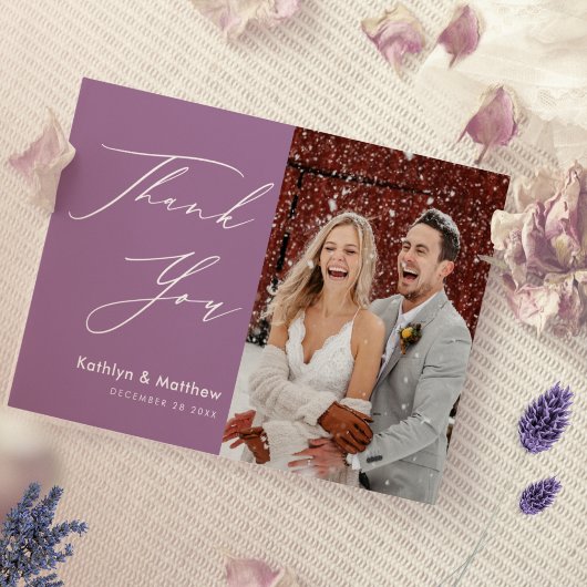 Elegant Mauve Elegant Script Modern Photo Wedding Bedankkaart