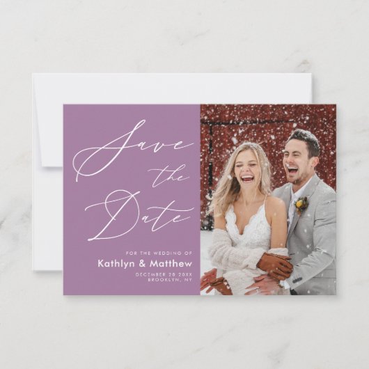Elegant Mauve Elegant Script Modern Photo Wedding Save The Date (Voorkant)