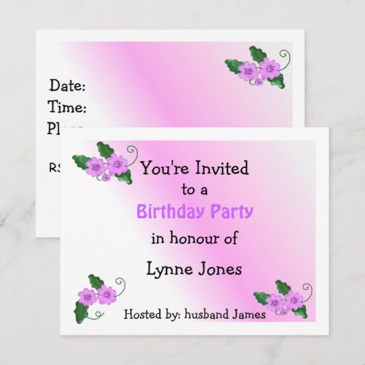 Elegant Mauve Floral Birthday Uitnodiging (Voorkant / Achterkant)