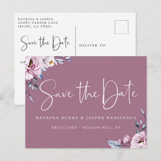 Elegant Mauve Floral Save the Date Aankondigingskaart (Voorkant / Achterkant)
