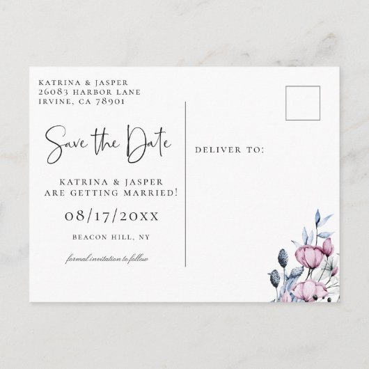 Elegant Mauve Floral Save the Date Aankondigingskaart (Achterkant)