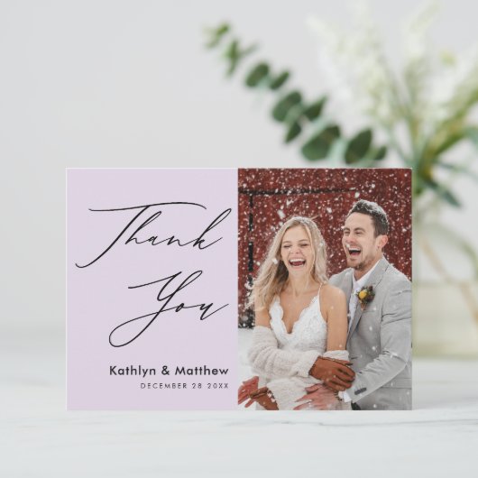 Elegant Mauve Modern Script Photo Wedding Bedankkaart (Staand voorkant)