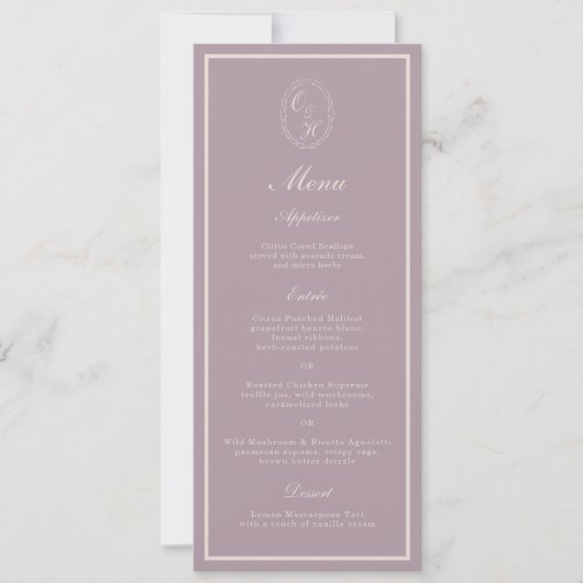 Elegant Mauve Monogram Trouwmenu Lang Model Kaart (Voorkant)
