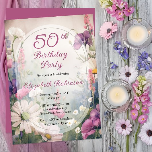 Elegant Mauve | Multi 50th Birthday Party Floral Kaart
