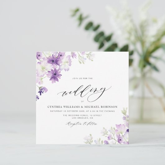 elegant mauve paarse floral bruiloft kaart (Staand voorkant)