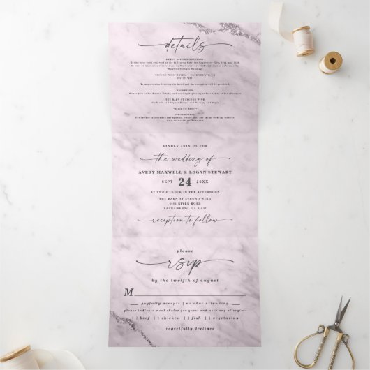 Elegant Mauve Paarse Metallic Marmer Wedding Drieluik Uitnodiging (Binnen)