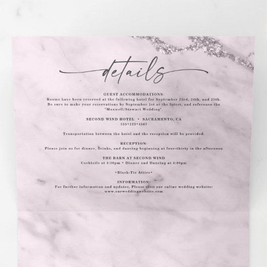 Elegant Mauve Paarse Metallic Marmer Wedding Drieluik Uitnodiging (Binnenzijde eerst)