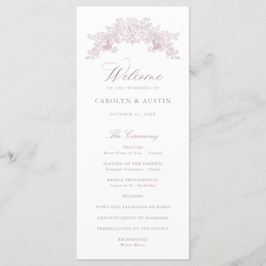 Elegant Mauve Pink  Floral Ornament Wedding Programmakaart (Voorkant)