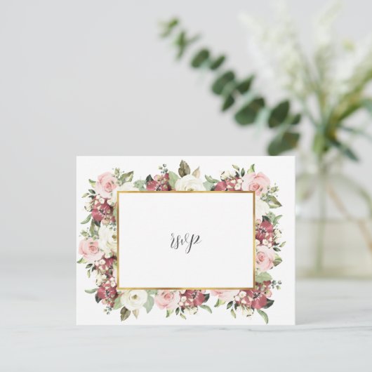 Elegant Mauve Pink Florals Gold Lijst Wedding RSVP (Staand voorkant)