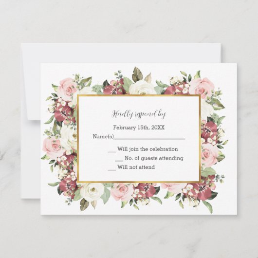 Elegant Mauve Pink Florals Gold Lijst Wedding RSVP (Achterkant)