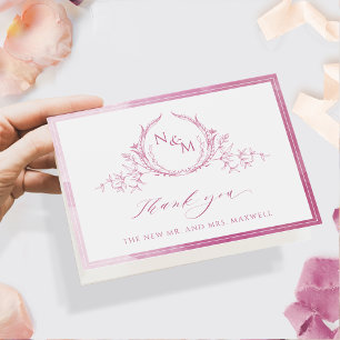 Elegant Mauve Pink Monogram, Waterverf bruiloft Bedankkaart