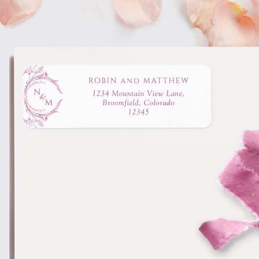 Elegant Mauve Pink Monogram Weduwadres Etiket