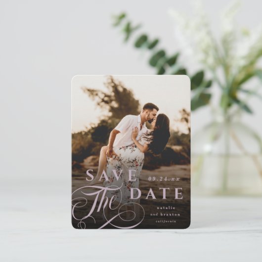 Elegant Mauve Pink Typografie & Marble Back Photo Save The Date (Staand voorkant)