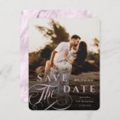 Elegant Mauve Pink Typografie & Marble Back Photo Save The Date (Voorkant / Achterkant)