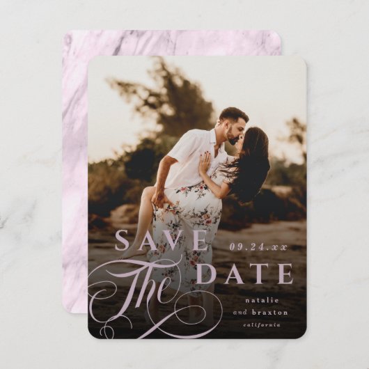 Elegant Mauve Pink Typografie & Marble Back Photo Save The Date (Voorkant / Achterkant)