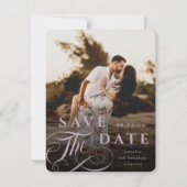 Elegant Mauve Pink Typografie & Marble Back Photo Save The Date (Voorkant)
