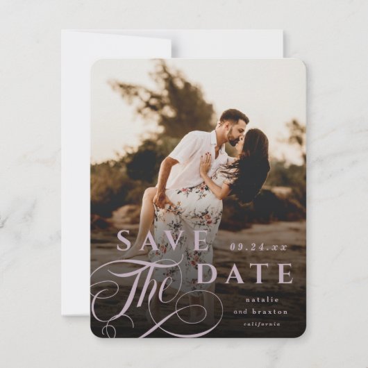 Elegant Mauve Pink Typografie & Marble Back Photo Save The Date (Voorkant)