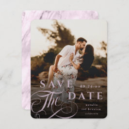 Elegant Mauve Pink Typografie & Marble Back Photo Save The Date
