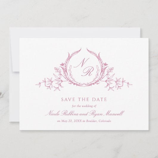 Elegant Mauve Pink Waterverf Monogram Calligrafie Save The Date (Voorkant)