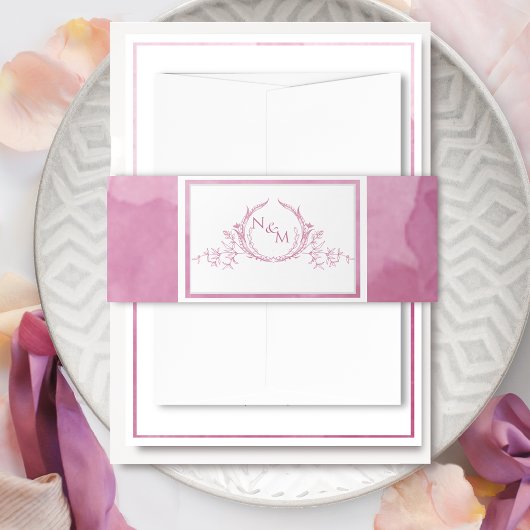 Elegant Mauve Pink Waterverf, Monogram Wedding Uitnodigingen Wikkel