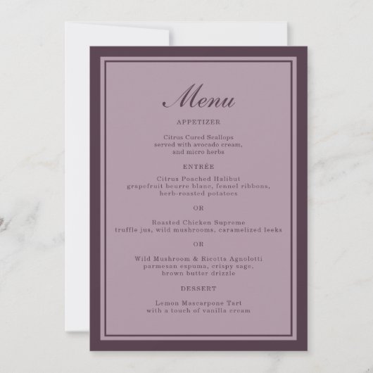 Elegant Mauve Plum Wedding Dinner Menu Card Kaart (Voorkant)
