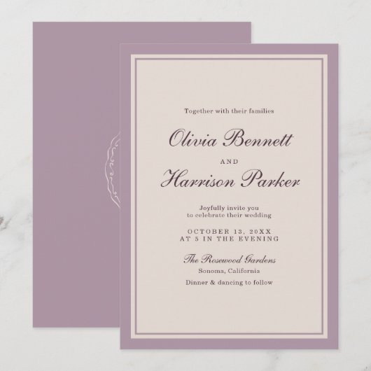 Elegant Mauve Plum Wedding Invitation Kaart (Voorkant / Achterkant)