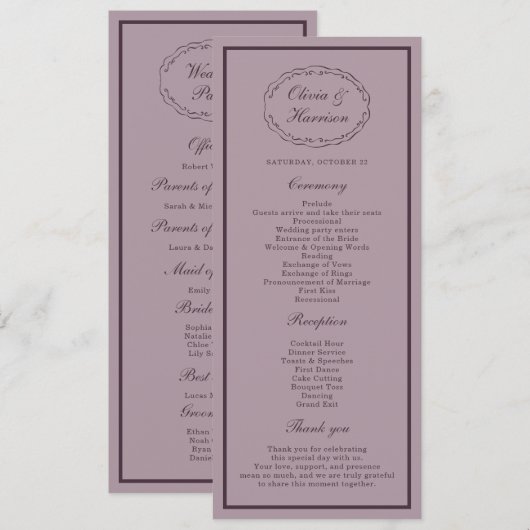 Elegant Mauve Plum Wedding Program Card Kaart (Voorkant / Achterkant)
