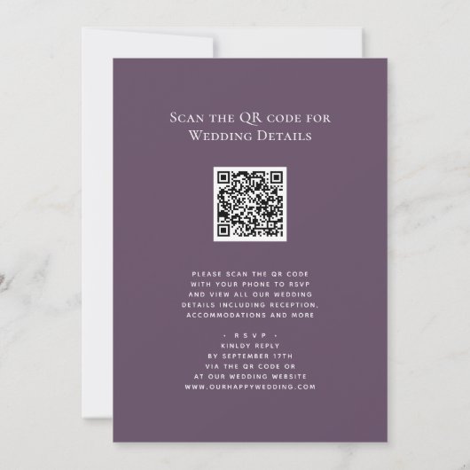 Elegant Mauve QR code in één modern huwelijk Kaart (Achterkant)