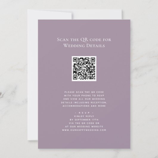 Elegant Mauve QR code in één modern huwelijk Kaart (Achterkant)
