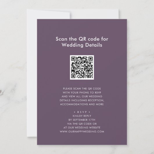 Elegant Mauve QR code in één modern huwelijk Kaart (Achterkant)
