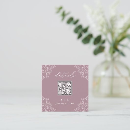 Elegant Mauve QR Code Weddenschap Klein vierkant D Informatiekaartje (Staand voorkant)