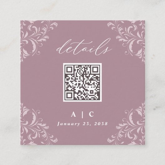 Elegant Mauve QR Code Weddenschap Klein vierkant D Informatiekaartje (Voorkant)
