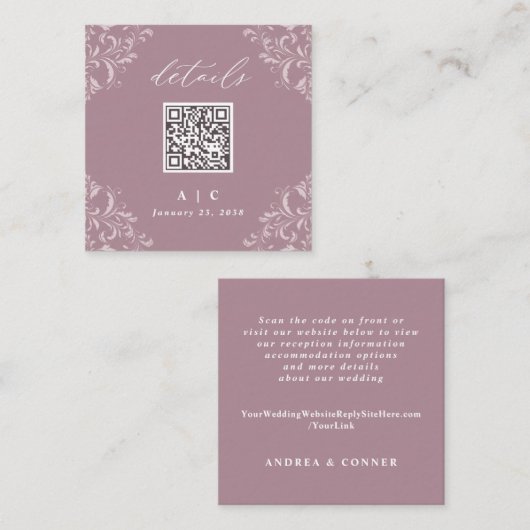 Elegant Mauve QR Code Weddenschap Klein vierkant D Informatiekaartje (Voorkant / Achterkant)
