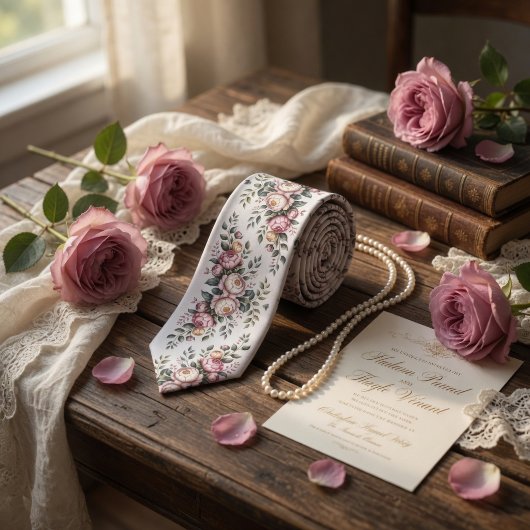 Elegant Mauve Rose Vintage Floral  Stropdas