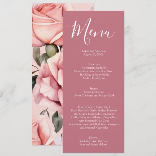 Elegant Mauve Roze en Witte Rozen Trouwmenu Menu (Voorkant / Achterkant)
