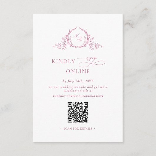Elegant Mauve Roze Monogram QR Code Huwelijk RSVP Informatiekaartje (Voorkant)