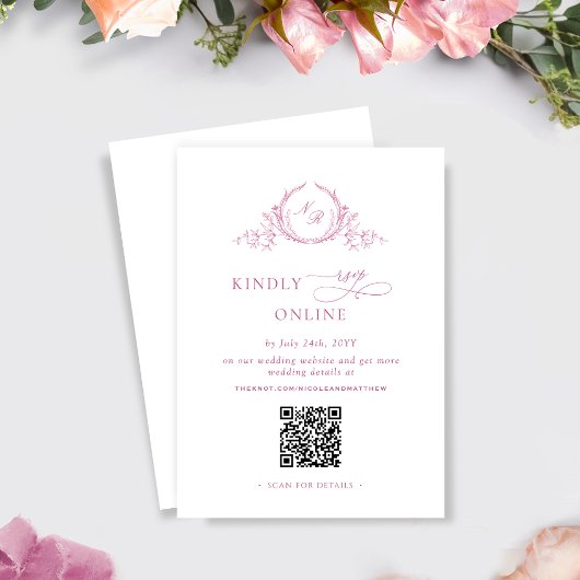Elegant Mauve Roze Monogram QR Code Huwelijk RSVP Informatiekaartje