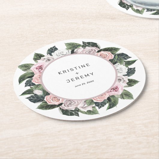 Elegant Mauve Roze Rose Bloemen Waterverf Bruiloft Ronde Kartonnen Onderzetter (Gebogen)