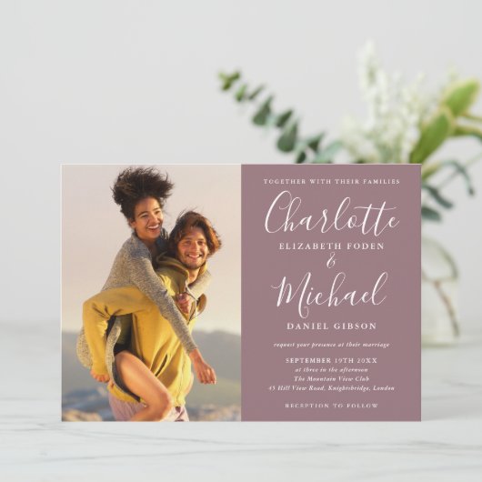 Elegant Mauve Signature Script Foto's Bruiloft Kaart (Staand voorkant)