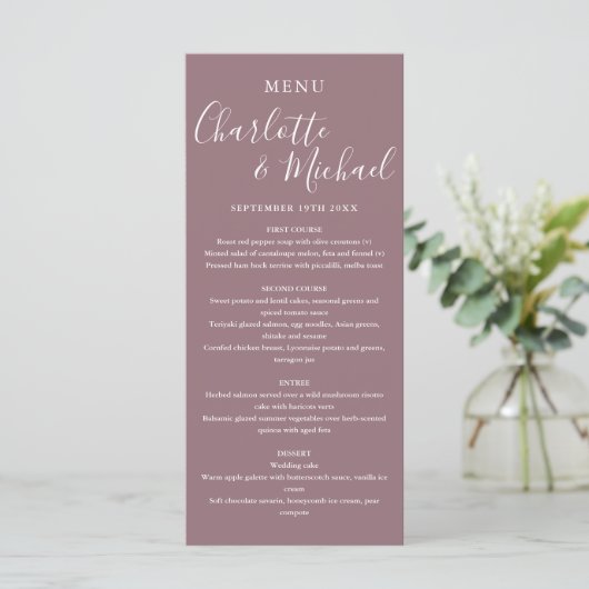 Elegant Mauve Signature Script Wedding Menu (Staand voorkant)