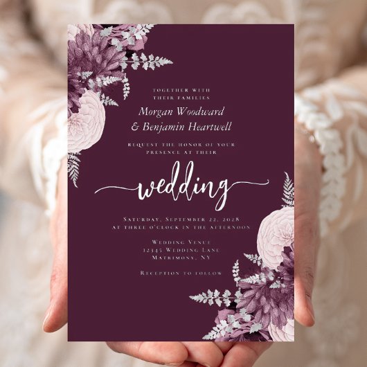 Elegant Mauve Silver Floral Wedding Folie Uitnodiging